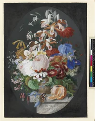 På en marmorkant, en skalad apelsin och en dekorerad brun kruka som innehåller blommor som inkluderar rosor, pelargonium, tropisk orkidé, örtartad klematis med en röd amiralfjäril, 1792 (gouache på vell)